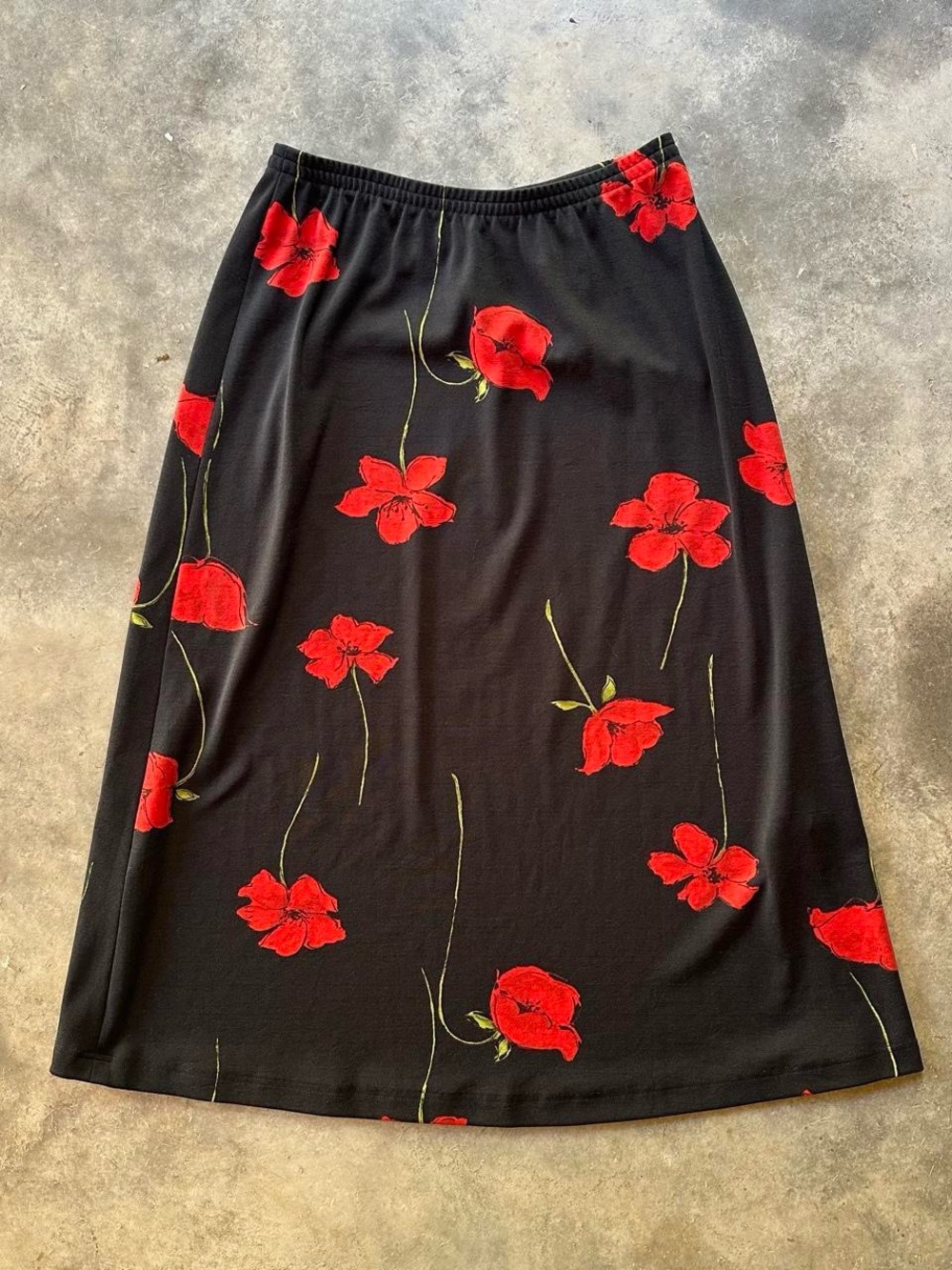 Vintage Talbots Black Red Poppy Floral Midi Skirt Size 6